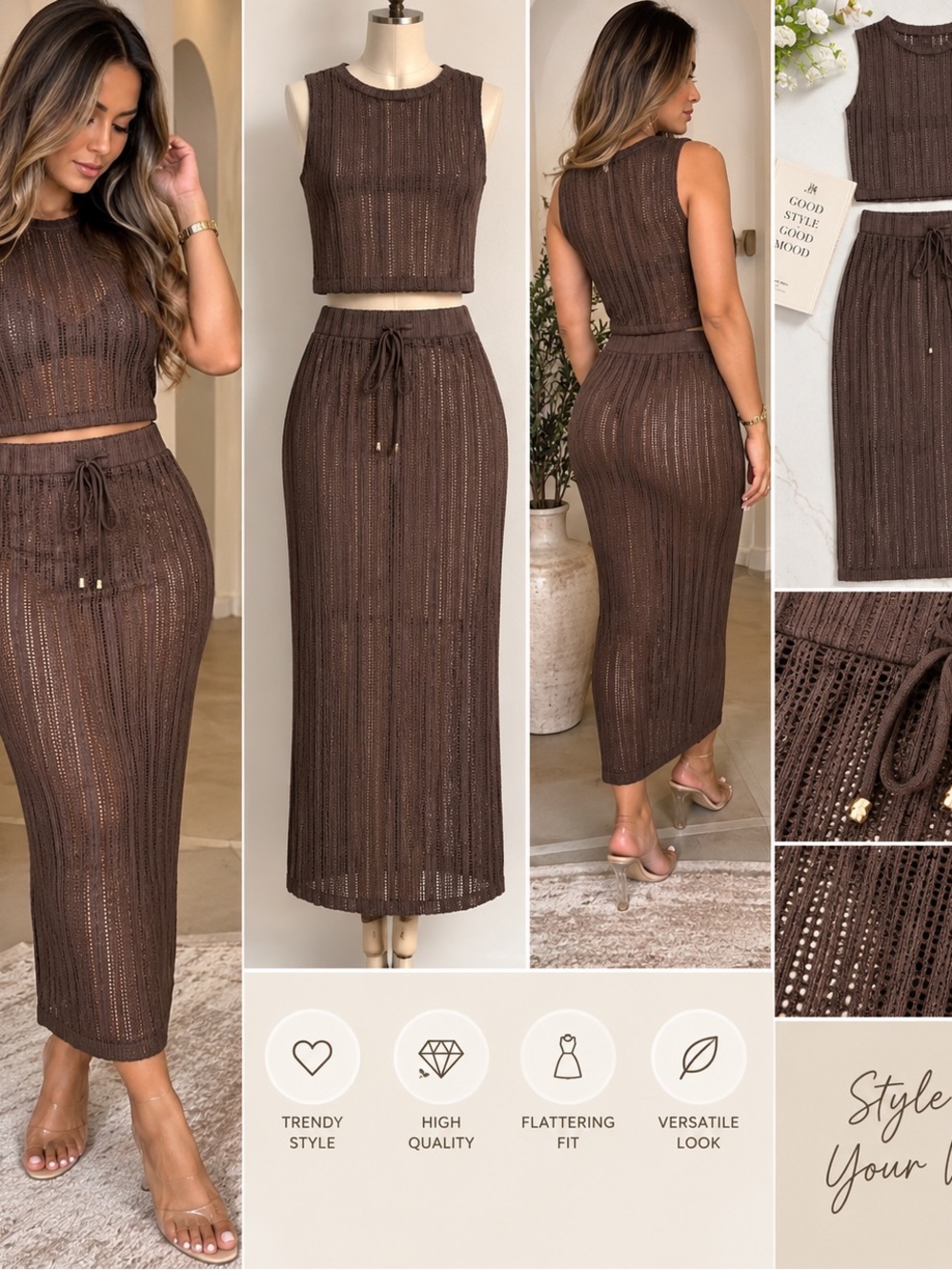 Brown Knit Two-Piece Skirt Set — Sleeveless Crop Top & Drawstring Maxi Skirt